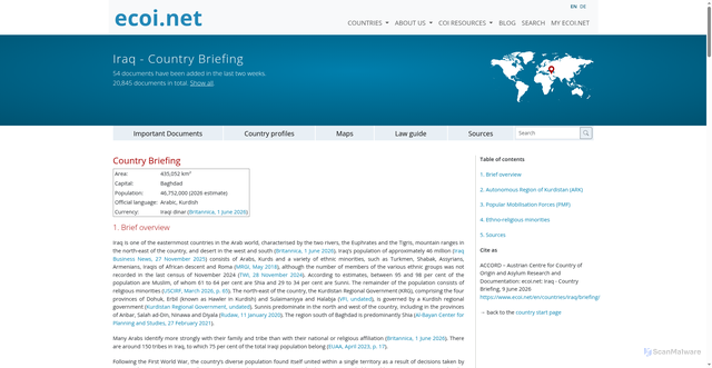 Security scan screenshot of https://www.ecoi.net/en/countries/iraq/briefing/