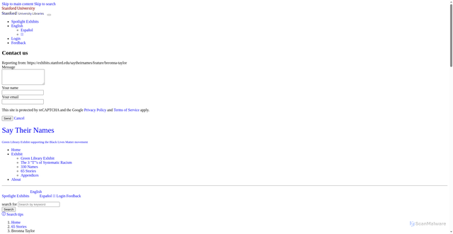 Security scan screenshot of https://exhibits.stanford.edu/saytheirnames/feature/breonna-taylor