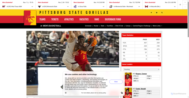 Security scan screenshot of https://pittstategorillas.com/news/2025/11/2/mens-basketball-gorillas-roll-past-mavericks-to-wrap-up-tip-off-classic.aspx