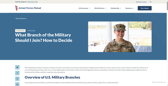 Security scan screenshot of https://www.aafmaa.com/resource-center/what-branch-of-the-military-should-i-join-how-to-decide