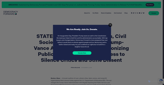 Security scan screenshot of https://democracyforward.org/updates/statements-cities-workers-civil-society-organizations-sue-trump-vance-administration-for-weaponizing-public-service-loan-forgiveness-to-silence-critics-and-stifle-dissent/