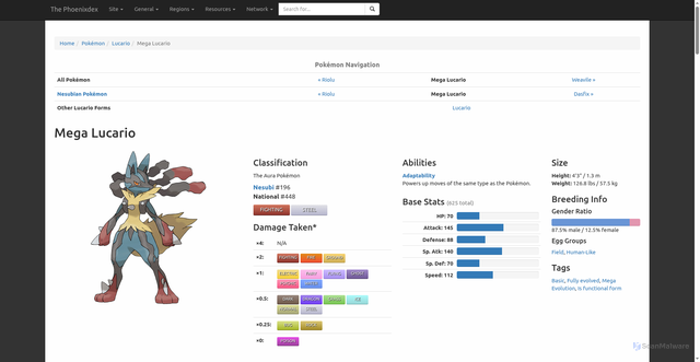 Security scan screenshot of https://phoenixdex.alteredorigin.net/pokemon/lucario/mega-lucario/