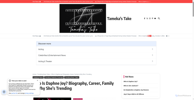 Security scan screenshot of https://tamekastake.com/who-is-daphne-joy/