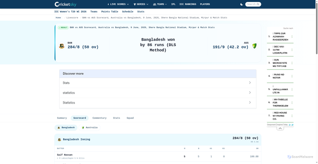 Security scan screenshot of https://www.cricketsky.com/cricket/ban-vs-aus-1st-match-ban-vs-aus-2026-96613-scorecard-58408/
