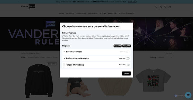 Security scan screenshot of https://shopbybravo.com/collections/vanderpump-rules?srsltid=AfmBOoq3KrfFrMUEETlSb8DXUtFtjqNI5X4_rQ-m3Zg3qtkMtDyXzibd