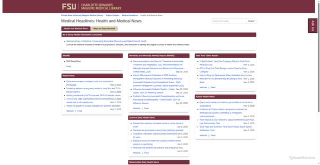 Security scan screenshot of https://guides.library.med.fsu.edu/MedNews/newsfeeds
