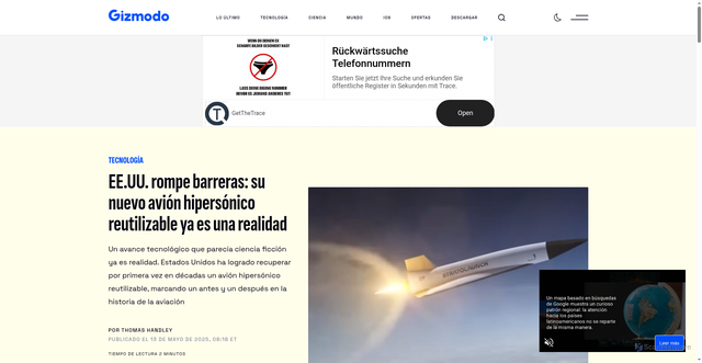Security scan screenshot of https://es.gizmodo.com/ee-uu-rompe-barreras-su-nuevo-avion-hipersonico-reutilizable-ya-es-una-realidad-2000166409