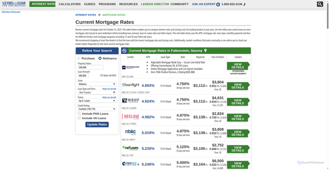 Security scan screenshot of https://www.freeandclear.com/interest-rates/mortgage-rates