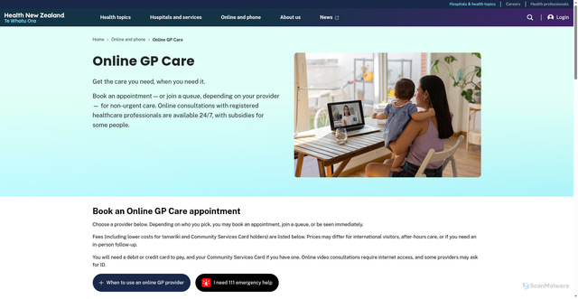Security scan screenshot of https://info.health.nz/services-support/online-phone-healthcare/online-gp-care