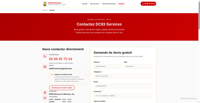 Security scan screenshot of https://destruction-nuisibles-83.fr/contact.html