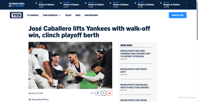 Security scan screenshot of https://yesnetwork.com/jose-caballero-lifts-yankees-with-walk-off-win-clinch-playoff-berth/