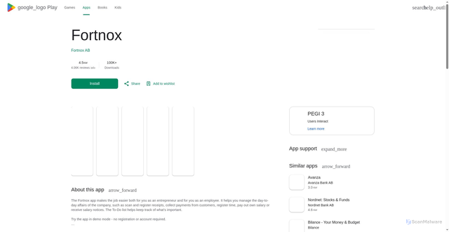 Security scan screenshot of https://play.google.com/store/apps/details?id=se.fortnox.powerup.prod