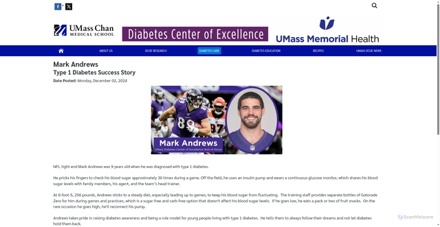 Security scan screenshot of https://www.umassmed.edu/dcoe/diabetes-care/success-stories/2020/09/mark-andrews/