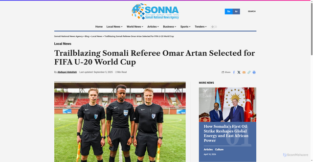 Security scan screenshot of https://sonna.so/en/trailblazing-somali-referee-omar-artan-selected-for-fifa-u-20-world-cup/