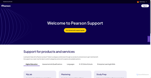 Security scan screenshot of https://support.pearson.com