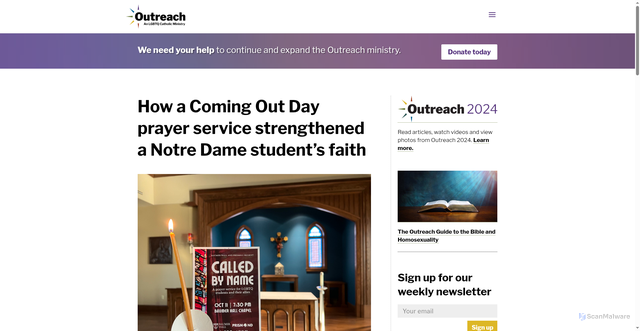 Security scan screenshot of https://outreach.faith/2025/10/how-a-coming-out-day-prayer-service-strengthened-a-notre-dame-students-faith/