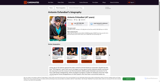 Security scan screenshot of https://cardmates.co.uk/biographies/antonio_esfandiaris_biography