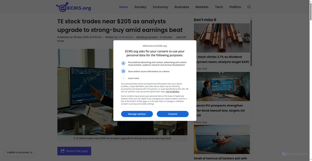 Security scan screenshot of https://eciks.org/4336-47915-te-stock-trades-near-205-as-analysts-upgrade-to-strong-buy-amid-earnings-beat
