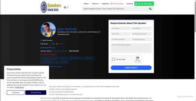 Security scan screenshot of https://pspeakers.com/speaker/alex-honnold/