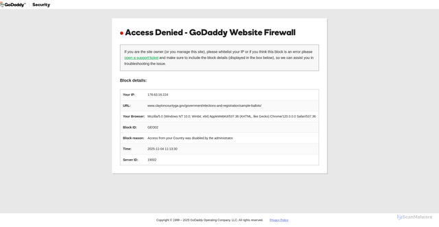 Security scan screenshot of https://www.claytoncountyga.gov/government/elections-and-registration/sample-ballots/