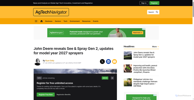Security scan screenshot of https://www.agtechnavigator.com/Article/2026/01/27/john-deere-updates-model-year-2027-sprayers-see-spray-tech/