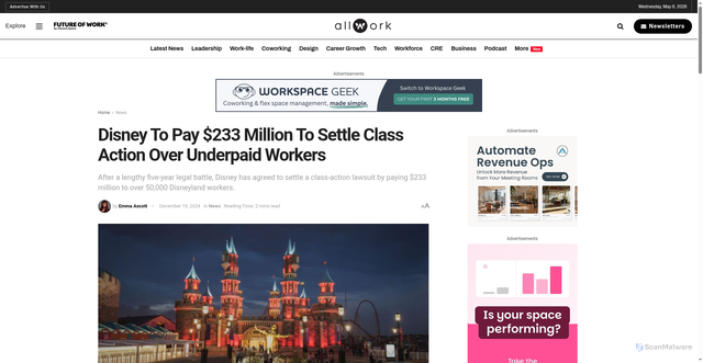 Security scan screenshot of https://allwork.space/2024/12/disney-to-pay-233-million-to-settle-class-action-over-underpaid-workers/