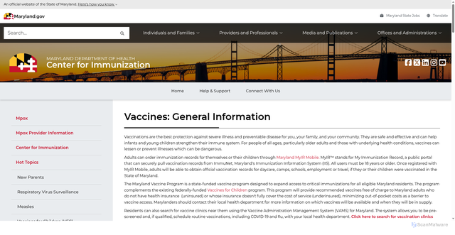 Security scan screenshot of https://health.maryland.gov/phpa/OIDEOR/IMMUN/Pages/vaccines.aspx