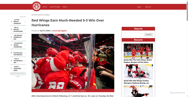 Security scan screenshot of https://www.wingingitinmotown.com/red-wings-earn-much-needed-5-3-win-over-hurricanes/