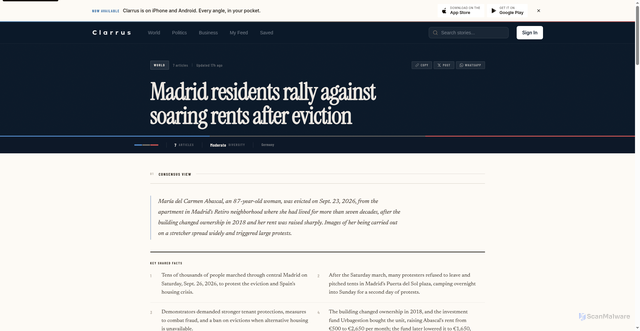 Security scan screenshot of https://clarrus.org/story/madrid-residents-rally-against-soaring-rents-after-eviction