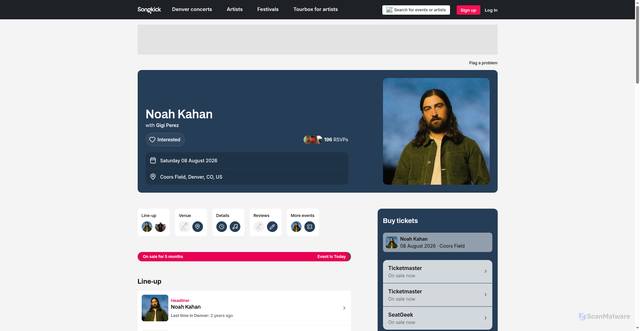 Security scan screenshot of https://labs.songkick.com/concerts/43023025-noah-kahan-at-coors-field