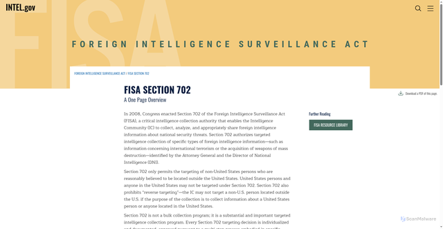 Security scan screenshot of https://www.intel.gov/foreign-intelligence-surveillance-act/fisa-section-702