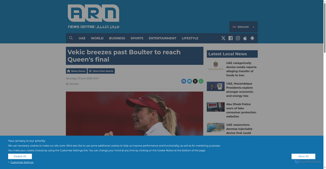 Security scan screenshot of https://www.arnnewscentre.ae/news/sports/vekic-breezes-past-boulter-to-reach-queens-final/