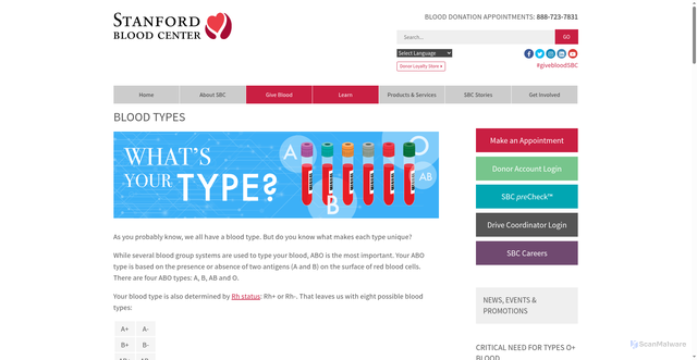 Security scan screenshot of https://stanfordbloodcenter.org/donate-blood/blood-donation-facts/blood-types/