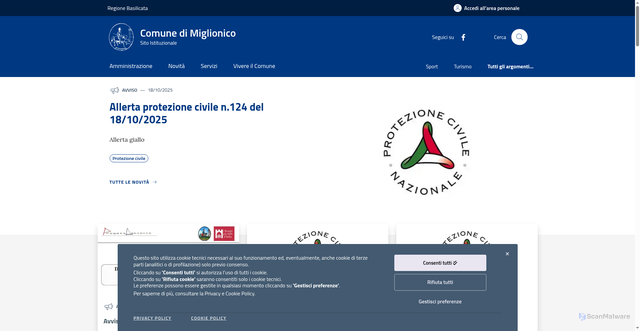 Security scan screenshot of https://www.comune.miglionico.mt.it/