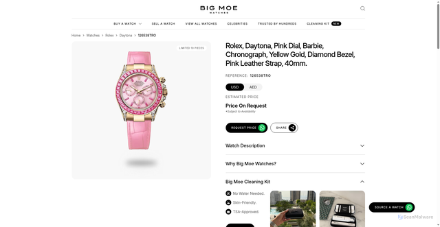 Security scan screenshot of https://www.bigmoewatches.com/watches/rolex-daytona-pink-dial-barbie-chronograph-yellow-gold-diamond-bezel-pink-leather-bracelet-40mm