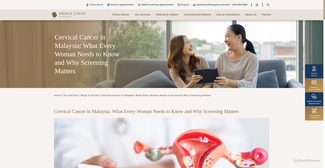 Security scan screenshot of https://princecourt.com/our-services/blogs-and-articles/cervical-cancer-in-malaysia-what-every-woman-needs-to-know-and-why-screening-matters