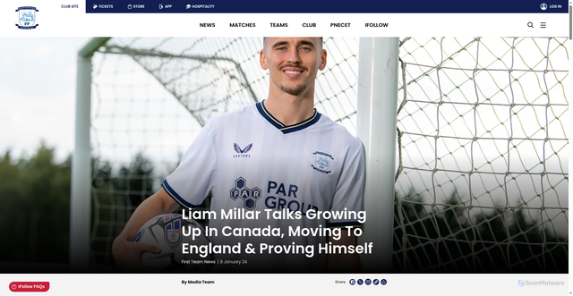 Security scan screenshot of https://www.pnefc.net/news/2024/january/liam-millar-talks-growing-up-in-canada-moving-to-england--proving-himself/