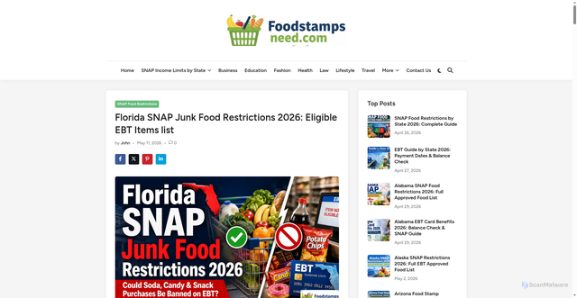 Security scan screenshot of https://foodstampsneed.com/florida-snap-junk-food-restrictions/