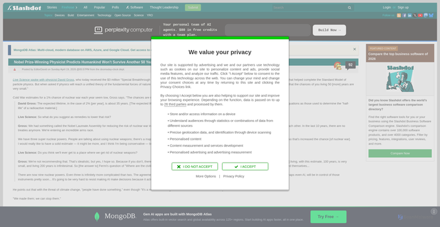 Security scan screenshot of https://tech.slashdot.org/story/26/04/19/2154219/nobel-prize-winning-physicist-predicts-humankind-wont-survive-another-50-years