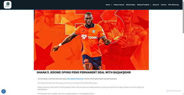 Security scan screenshot of https://footballsierraleone.net/ghanas-jerome-opoku-pens-permanent-deal-with-basaksehir/