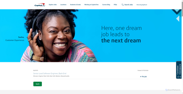 Security scan screenshot of https://www.capitalonecareers.com/job/mclean/senior-lead-software-engineer-back-end/1732/98185760544