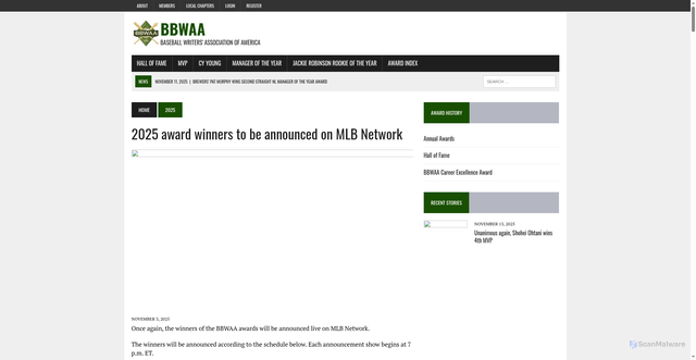 Security scan screenshot of https://bbwaa.com/2025-award-winners-to-be-announced-on-mlb-network/