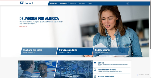 Security scan screenshot of https://about.usps.com
