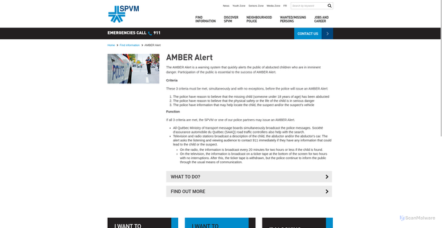 Security scan screenshot of https://spvm.qc.ca/en/Fiches/Details/AMBER-Alert