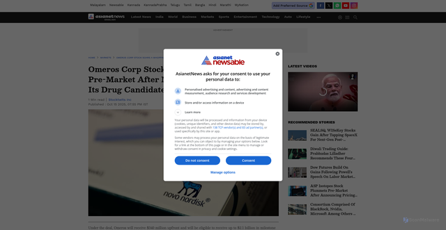 Security scan screenshot of https://newsable.asianetnews.com/markets/omeros-corp-stock-soars-a-whopping-136-pre-market-after-novo-nordisk-agrees-to-buy-its-drug-candidate-for-blood-disorder-articleshow-katldhg