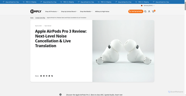 Security scan screenshot of https://www.complyfoam.com/blogs/comply-foam-blog/apple-airpods-pro-3-next-level-noise-cancellation-live-translation?srsltid=AfmBOoo79SKl26cCI78oKb6zCNIXKmBzl-SPLUnJvNDPZHL8ro7jaFGS