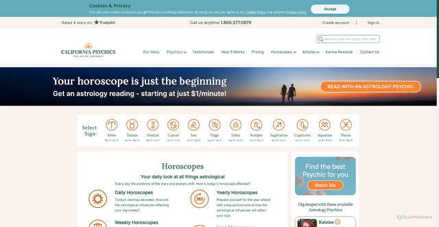 Security scan screenshot of https://www.californiapsychics.com/horoscope/