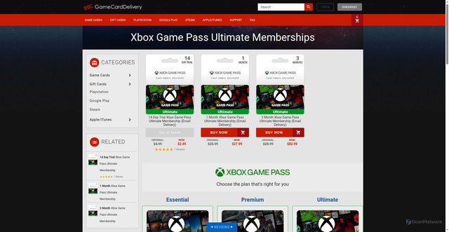 Security scan screenshot of https://www.gamecarddelivery.com/buy-game-cards-online/xbox-game-pass-ultimate?srsltid=AfmBOoomnzT9FxnUBArXSnr-i4Jed8_cSz1kWhihVghrpQigOJQG9wlV