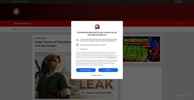 Security scan screenshot of https://www.generationamiga.com/2026/06/15/zelda-ocarina-of-time-remake-for-switch-2-sparks-fan-worries-over-big-changes/