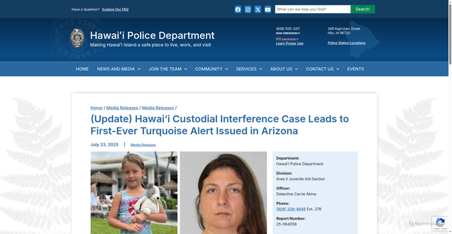 Security scan screenshot of https://www.hawaiipolice.gov/update-hawaii-custodial-interference-case-leads-to-first-ever-turquoise-alert-issued-in-arizona/